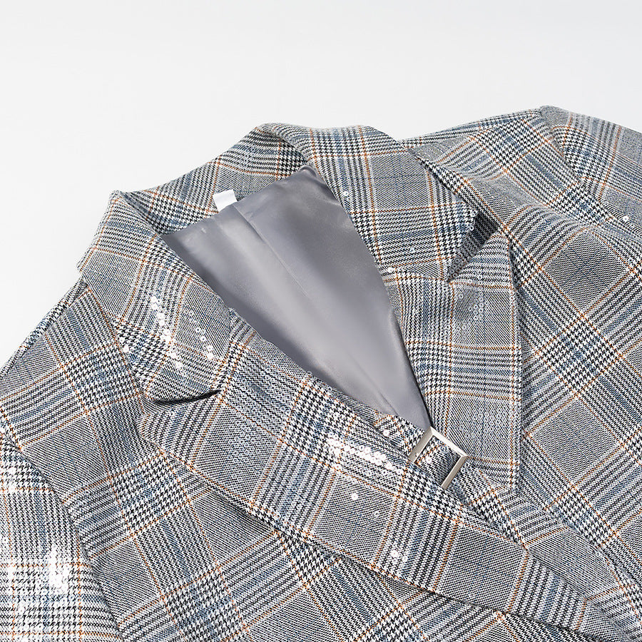 Women's Oversized Glencheck Blazer with single-button placket, flap pockets and subtle sequin embellishment Chichicherry