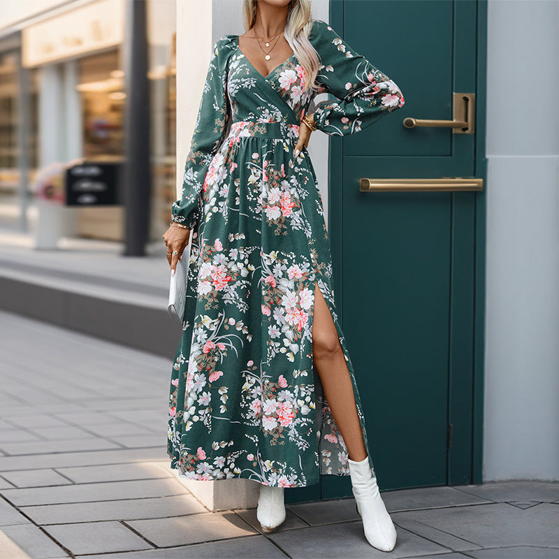 Women’s maxi dress with wrap effect, V-neck, waist gathering & side leg slit Chichicherry