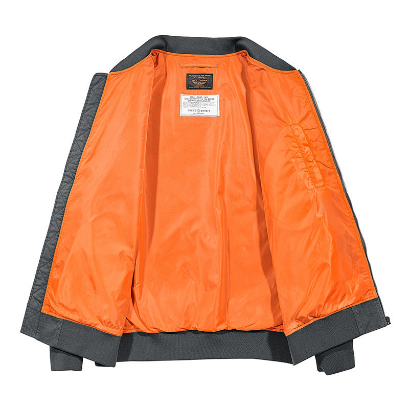 Men's pilot style bomber jacket with contrast color lining, arm pocket, and ribbed hem Chichicherry