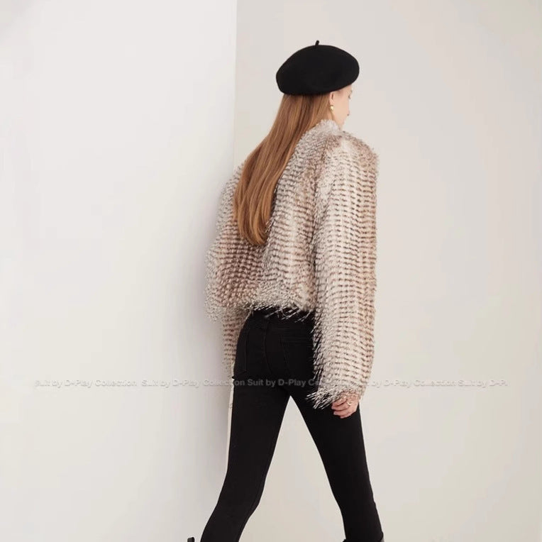 Women's Short Plush Bolero with Striped Feather Look and Boxy Silhouette Chichicherry