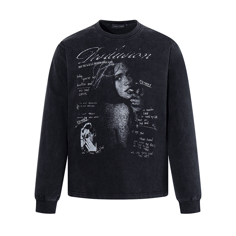 Men's Longsleeve with Vintage Girl Graphic and Used Wash Chichicherry
