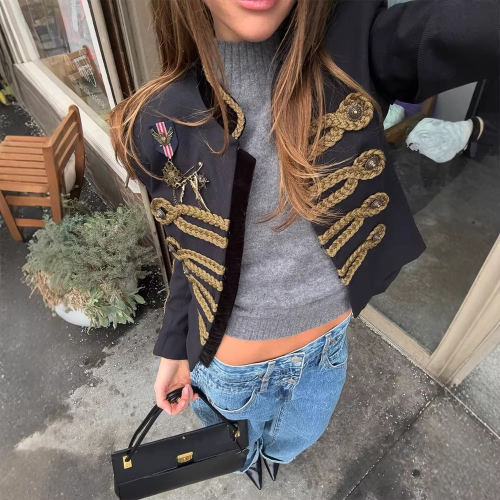 Women Short Military Inspired Parade Jacket with Gold Cord Decoration Chichicherry