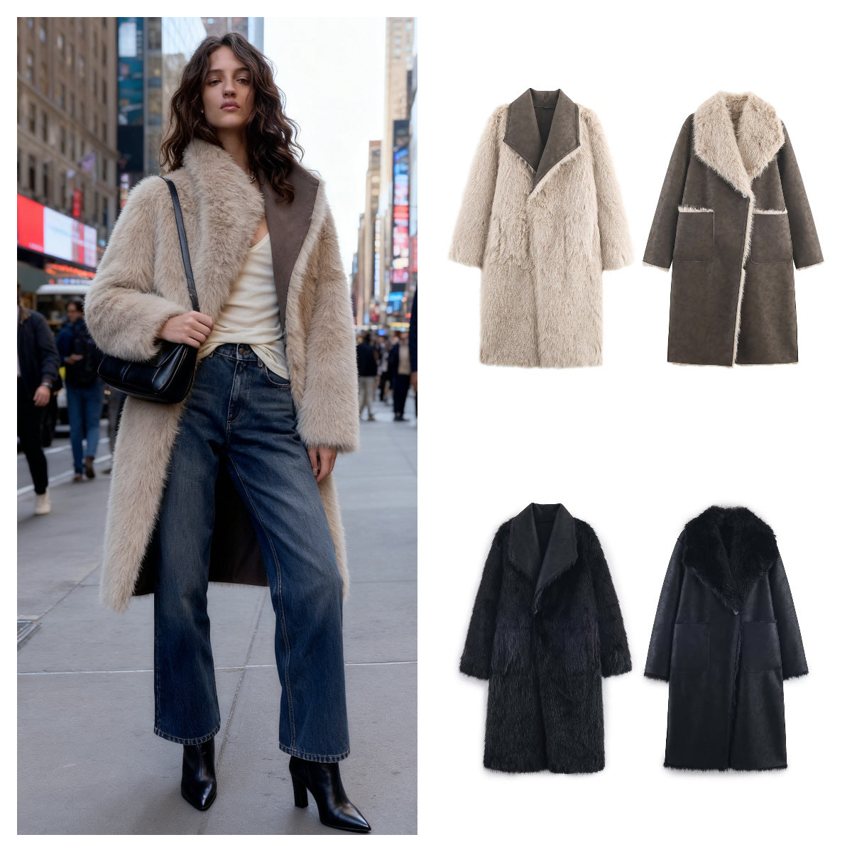 Women Longer Reversible Faux Fur Coat with Oversized Shawl Collar and Patch Pockets Chichicherry