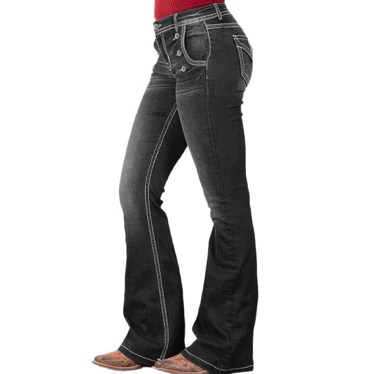 Women's high-waisted sculpting bootcut jeans with side decorative buttons Chichicherry