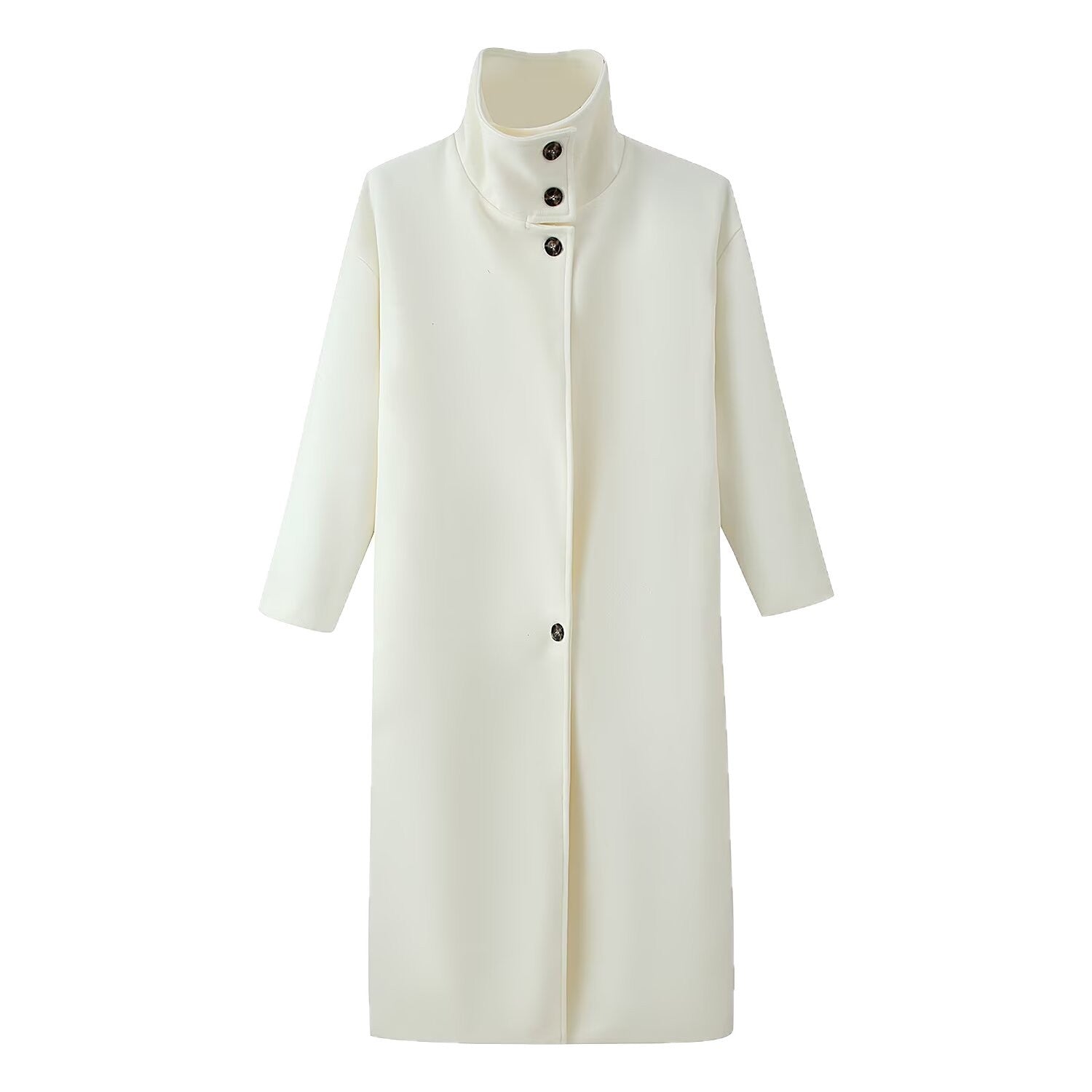 Women's Straight Midi-Length Coat with High Stand-Up Collar and Concealed Button Placket Chichicherry