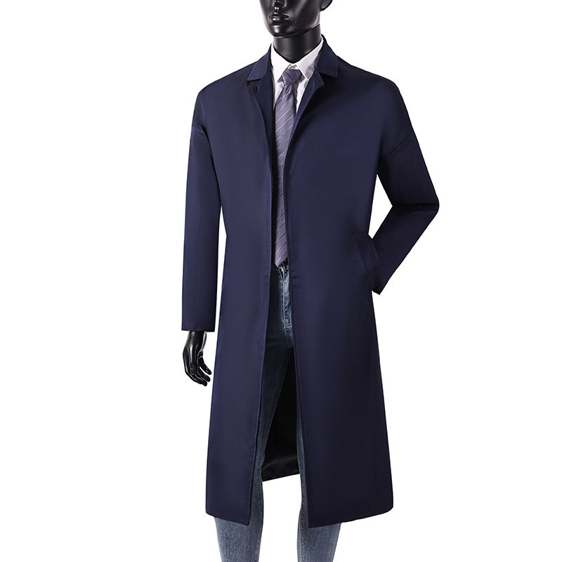 Men's Long Minimalist Trench Coat with Concealed Button Placket and Side Pockets Chichicherry