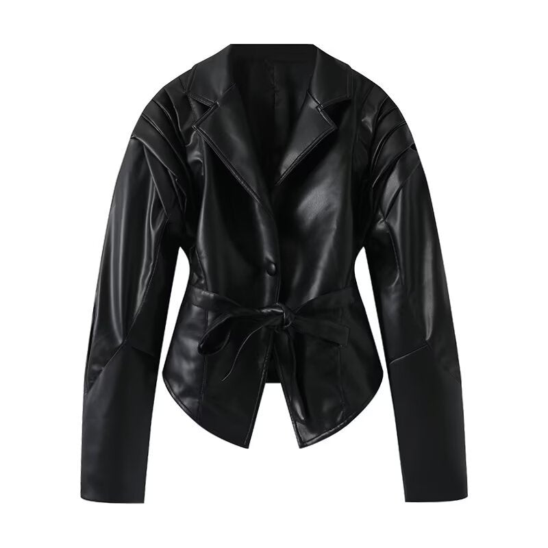 Women's Tailored Wrap Jacket in Suede Look with Shoulder Pleats and Tie Belt Chichicherry