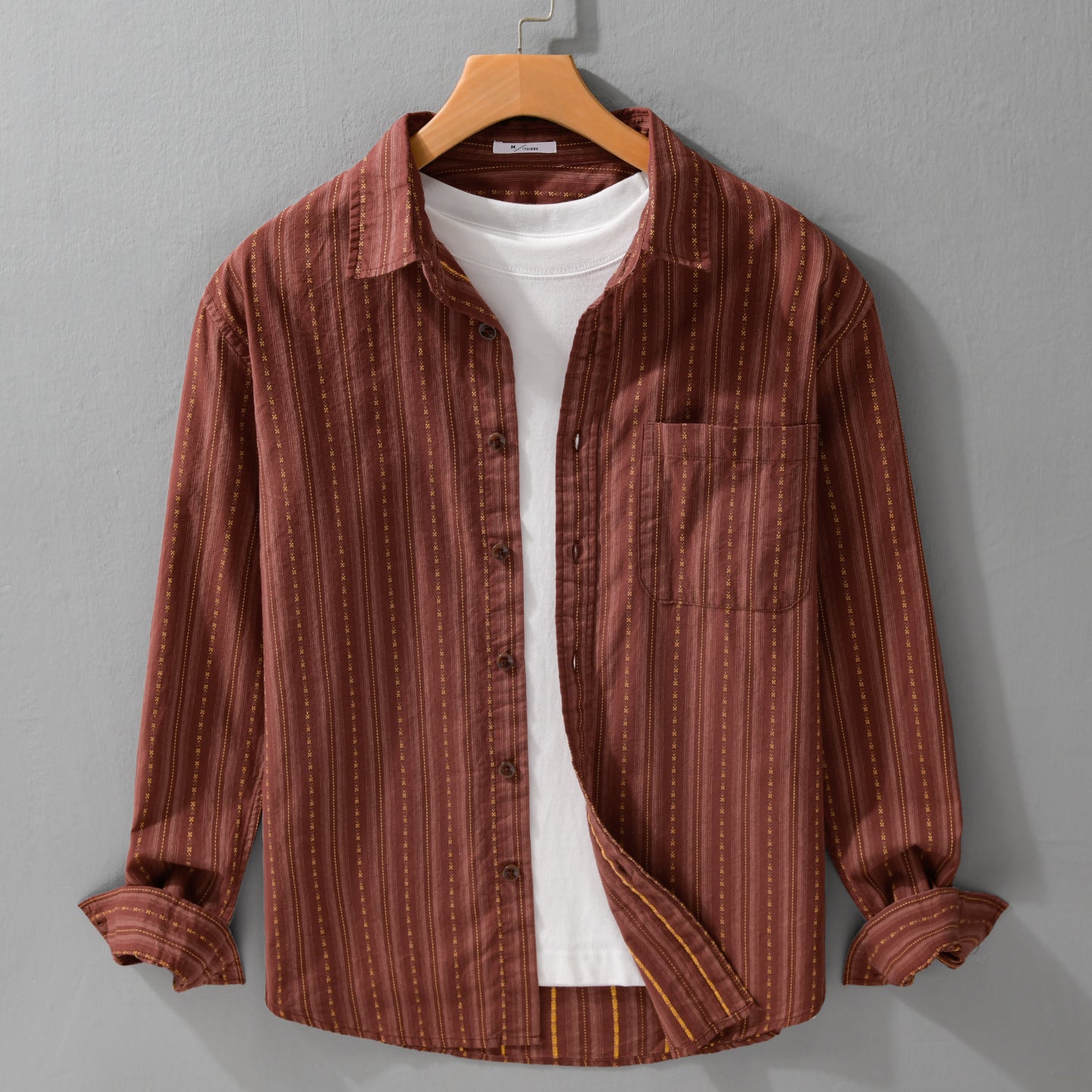 Men's Casual Long Sleeve Overshirt Made of Linen-Cotton Blend with Patch Chest Pocket Chichicherry