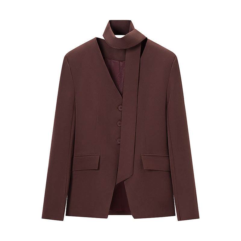 Women's Tailored Blazer with Bow, V-Neck and Flap Pockets Chichicherry