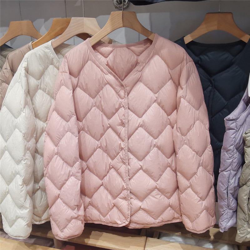 Women's Quilted Short Jacket with Diamond Quilting, Round Neckline and Press Studs Chichicherry