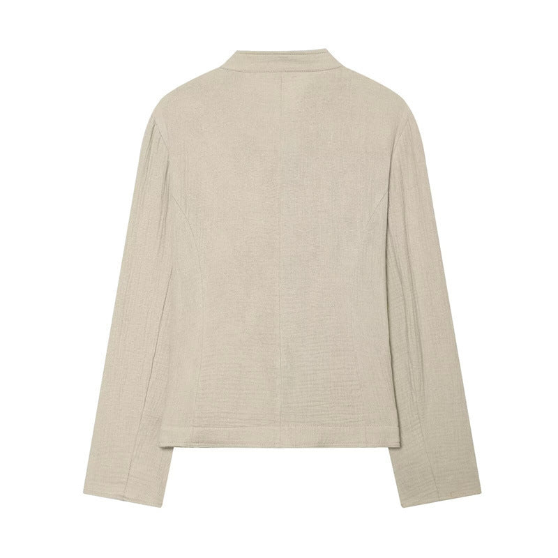 Women Boxy Linen Blazer with Stand Collar, Decorative Button Placket and Patch Pockets Chichicherry