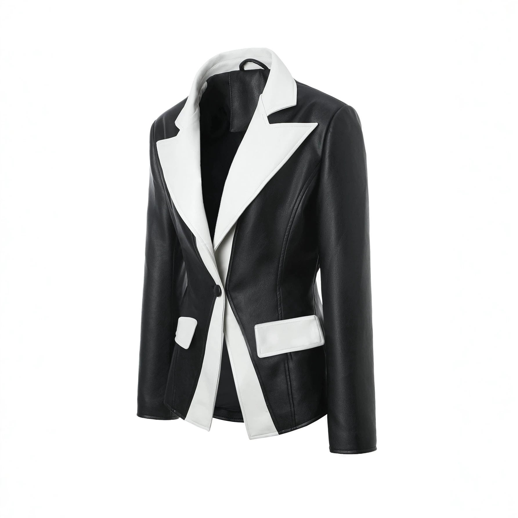 Women's contrast blazer made of faux leather with pointed lapels and tailored fit Chichicherry