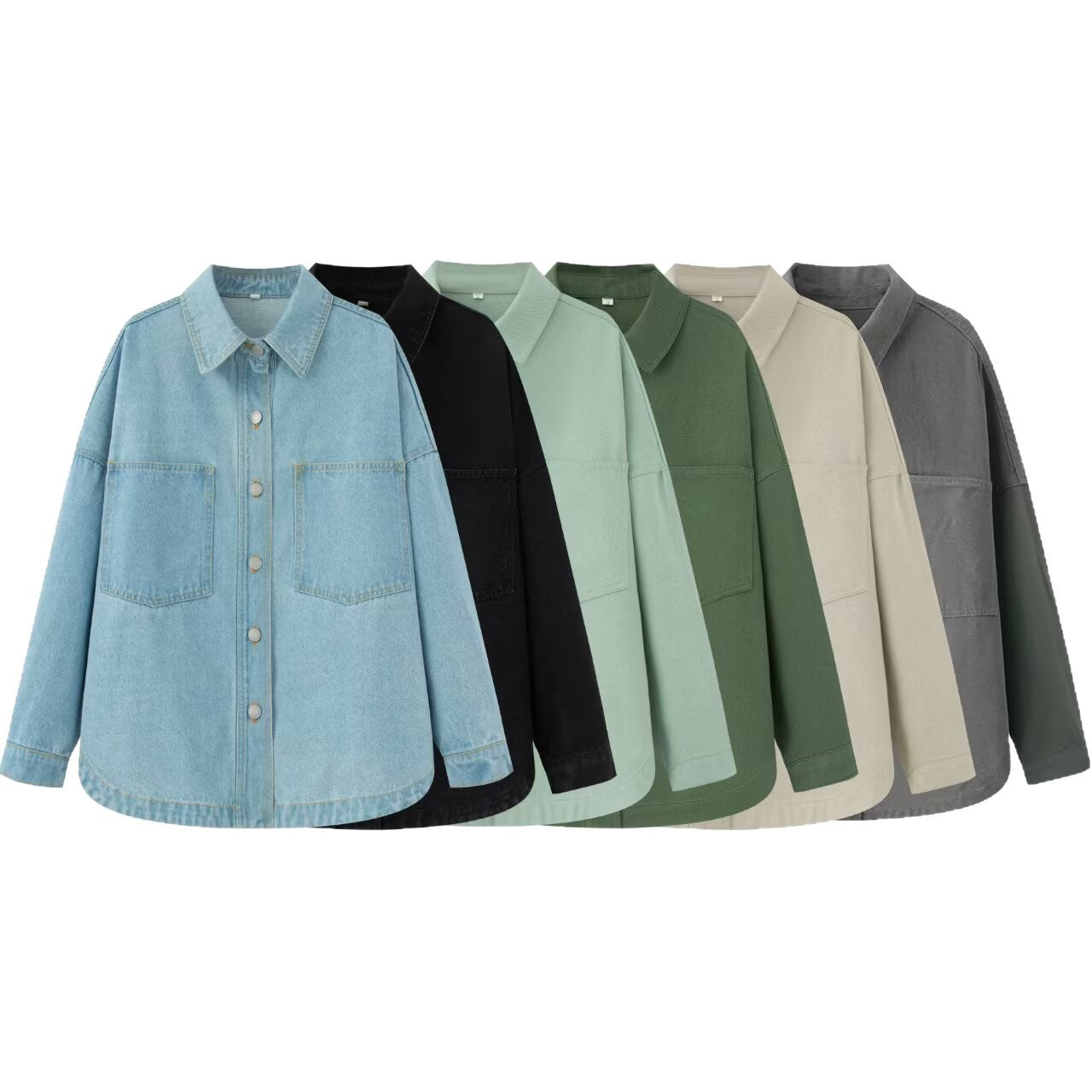 Women's Oversize Jeans Shirt Jacket in Boxy Cut with Patch Chest Pockets and Rounded Hem Chichicherry