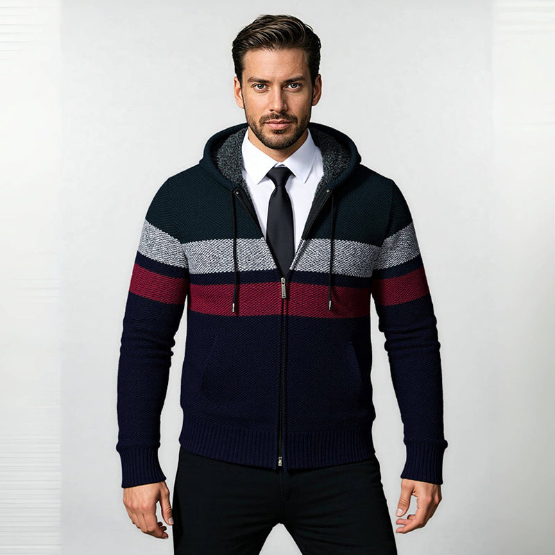 Men's Structured Hooded Cardigan with Contrast Stripes and Full Zip Chichicherry