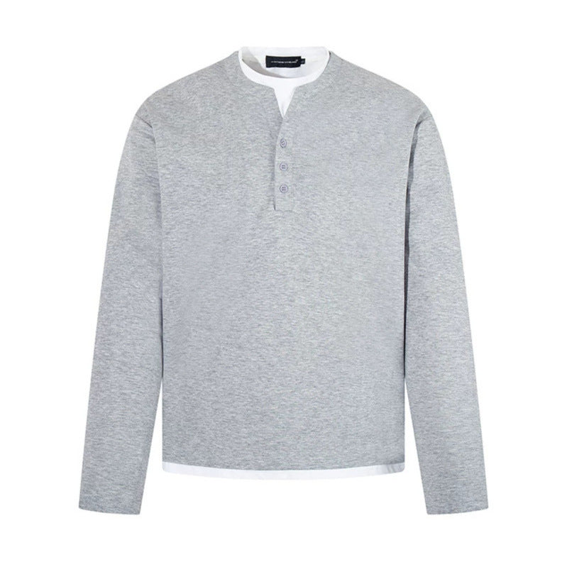 Men's Long-Sleeve Henley Layer Shirt with Contrasting Inner Collar and Modern Regular Fit Chichicherry