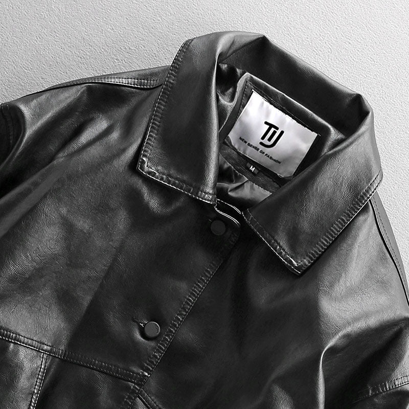 Herren Oversized Lederimitat-Utility-Jacke mit Pattentaschen und elastischem Saum Chichicherry