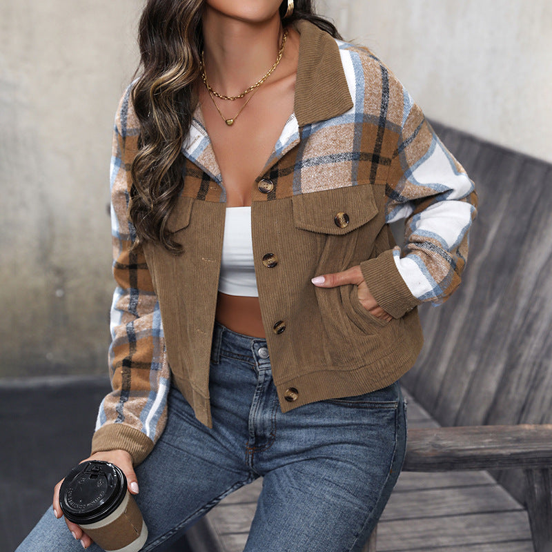 Ladies Short Jacket Cord and Check Mix with Buttons & Breast Pockets Chichicherry