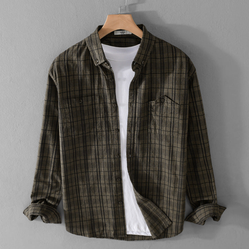Men's Checked Flannel Overshirt with Button-Down Collar and Patch Chest Pockets Chichicherry
