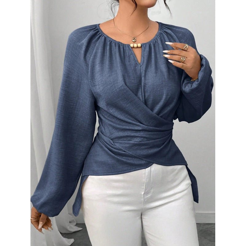 Ladies Elegant Wrap Blouse with Gathered Waist, V-Neck and Balloon Sleeves Chichicherry