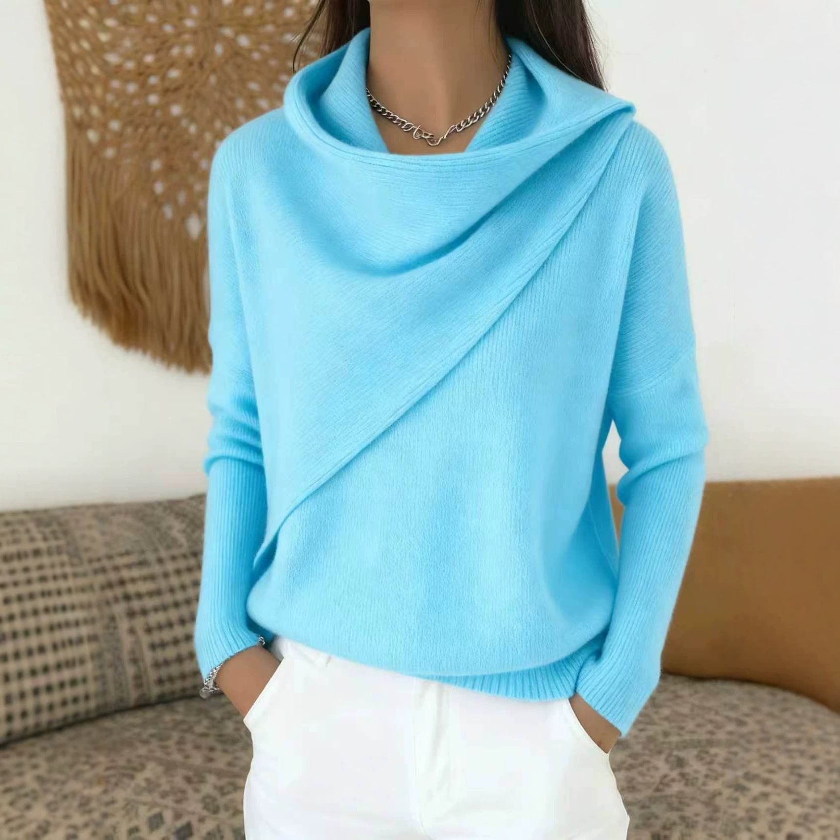 Women's Asymmetric Chunky Knit Sweater with Shawl Collar Chichicherry