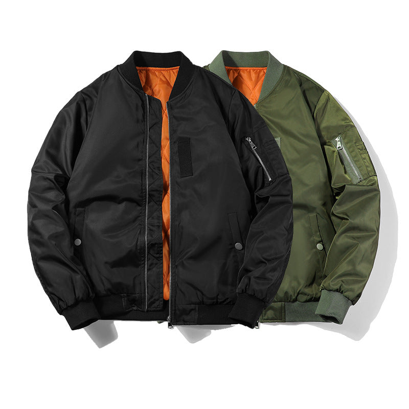 Men's bomber jacket in pilot look with contrasting inner lining, sleeve utility pocket, and elastic rib cuffs.