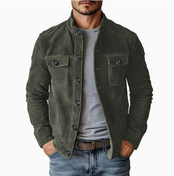 Herren Veloursleder-Fieldjacke mit Stehkragen, Pattentaschen und figurbetonter Schnitt Chichicherry