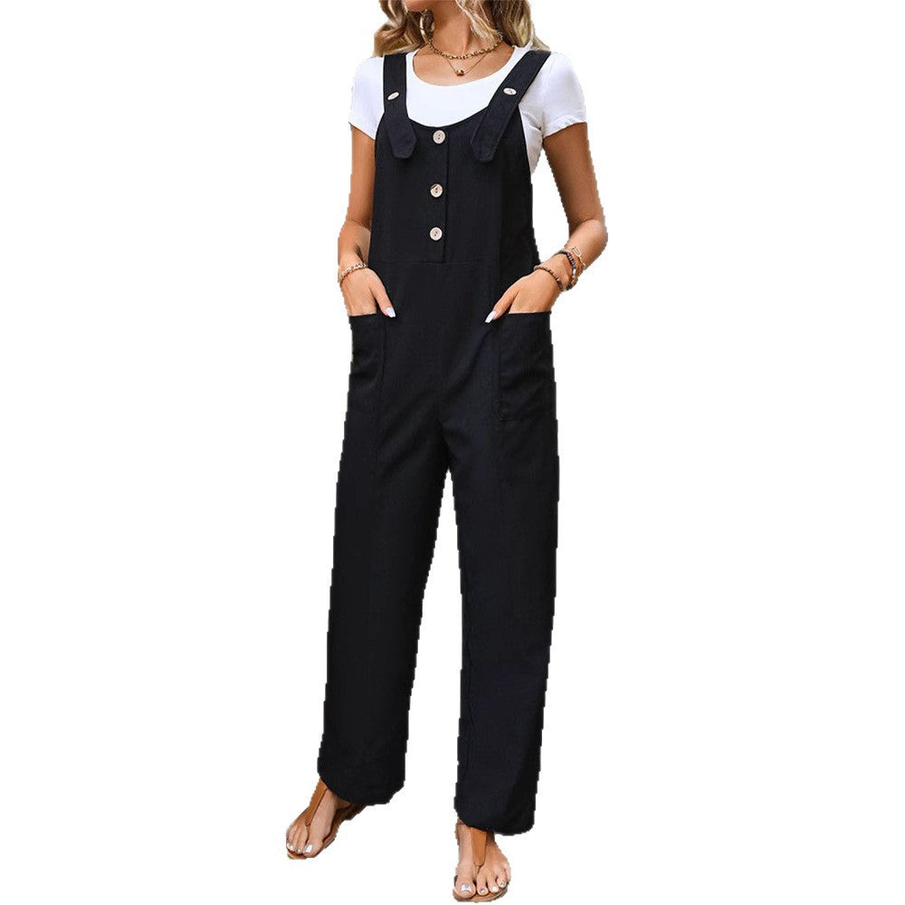 Ladies Soft-Falling Strap Jumpsuit with Wide Leg and Wooden Button Closure Chichicherry