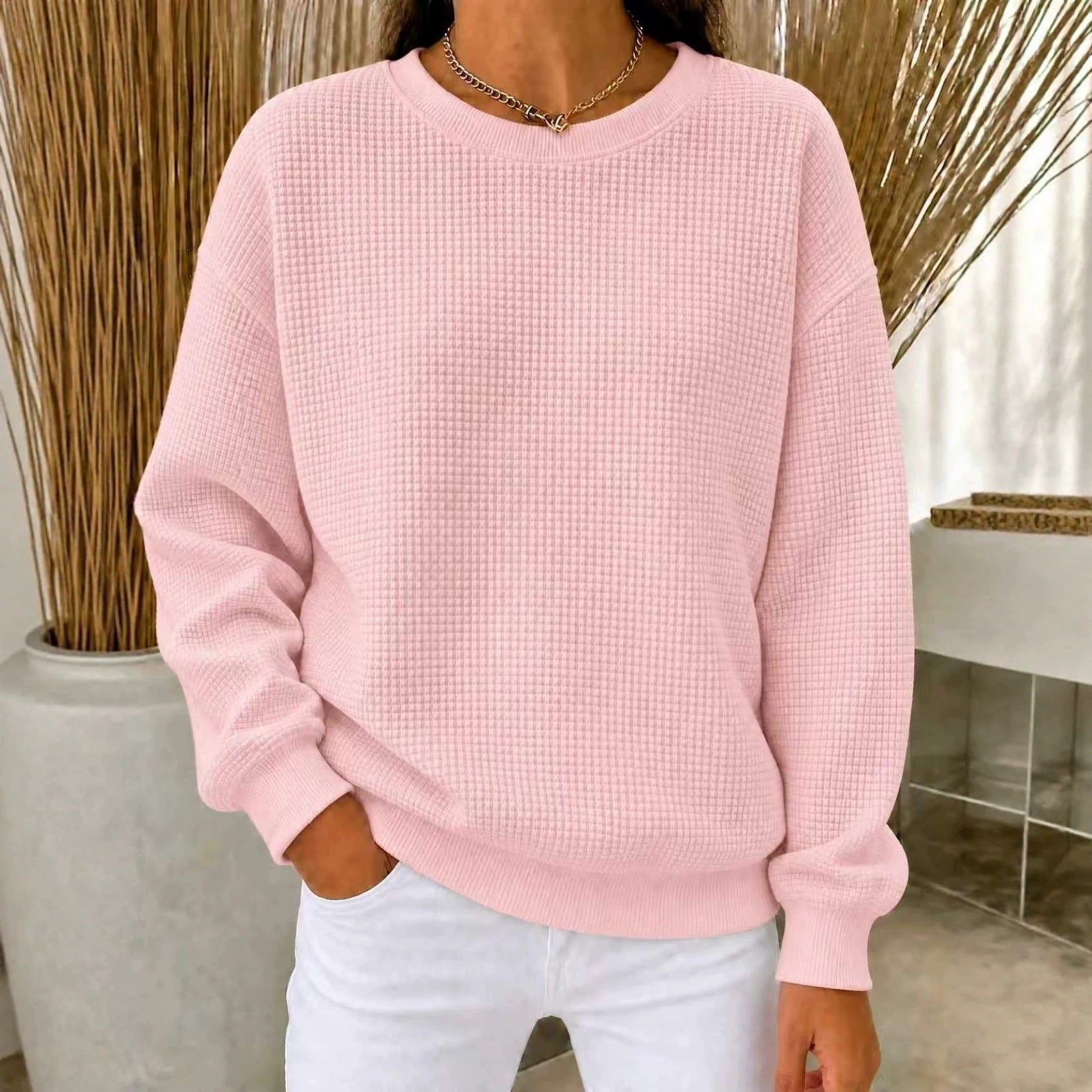 Women's Loose Waffle Knit Sweatshirt with Round Neck and Ribbed Cuffs Chichicherry