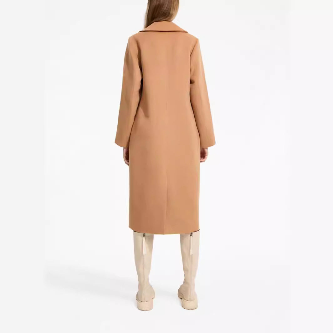 Women's Mid-Length Single-Breasted Wool Blend Coat with Minimalist Shawl Collar Chichicherry