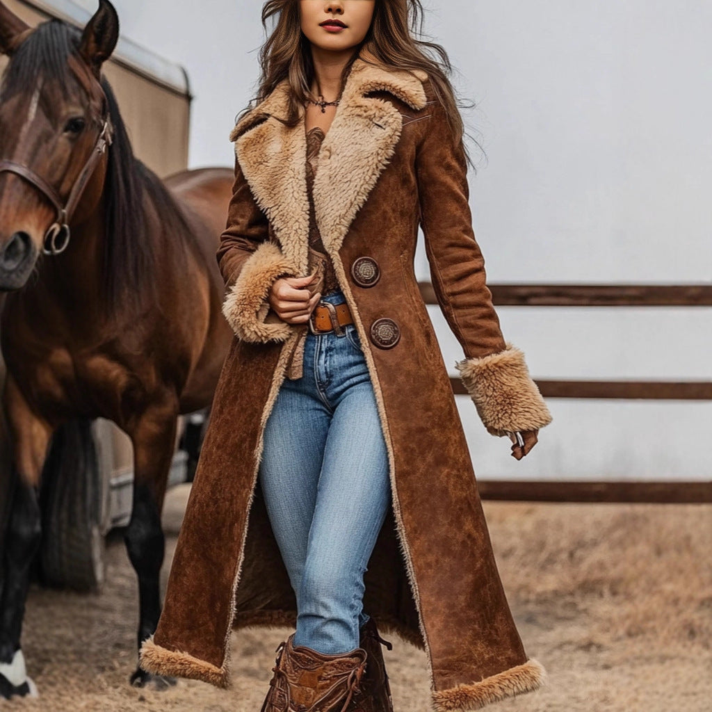 Women's Long Suede-Look Coat with Lambskin Imitation Lining and Decorative Double Button Placket Chichicherry