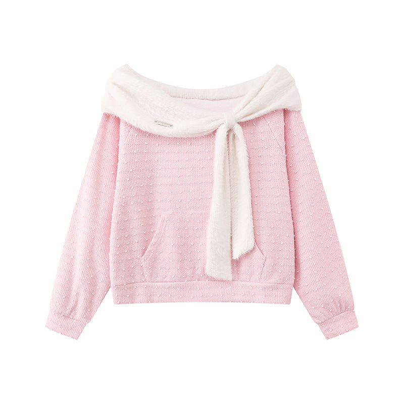 Women's Cozy Knitted Sweater with Large Faux Fur Shawl Collar and Kangaroo Pocket Chichicherry