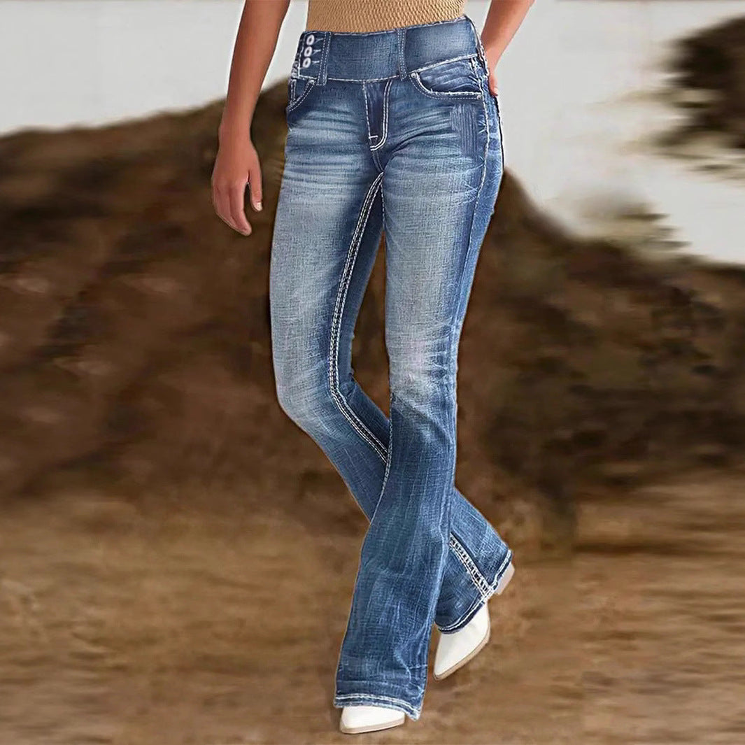 Ladies high-waisted flared jeans with side decorative seam and sculpting stretch waistband Chichicherry