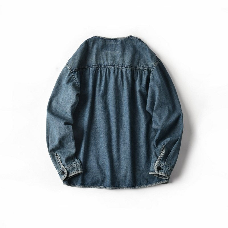 Herren Denim-Chorejacke im Worker-Look mit V-Ausschnitt und aufgesetzten Taschen Chichicherry