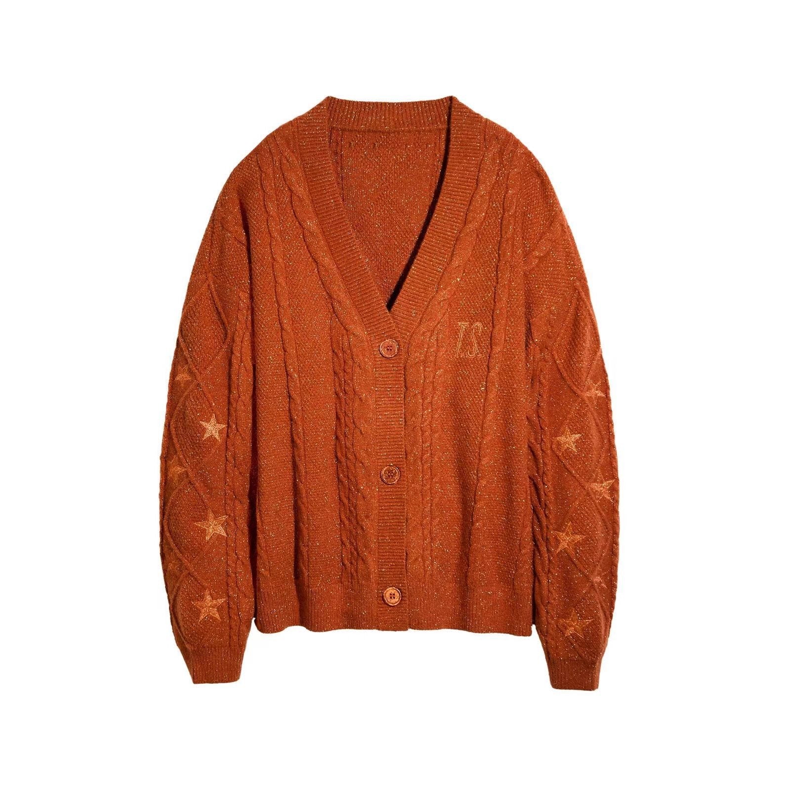 Women's knit cardigan with cable knit, star embroidery, and shiny threads Chichicherry