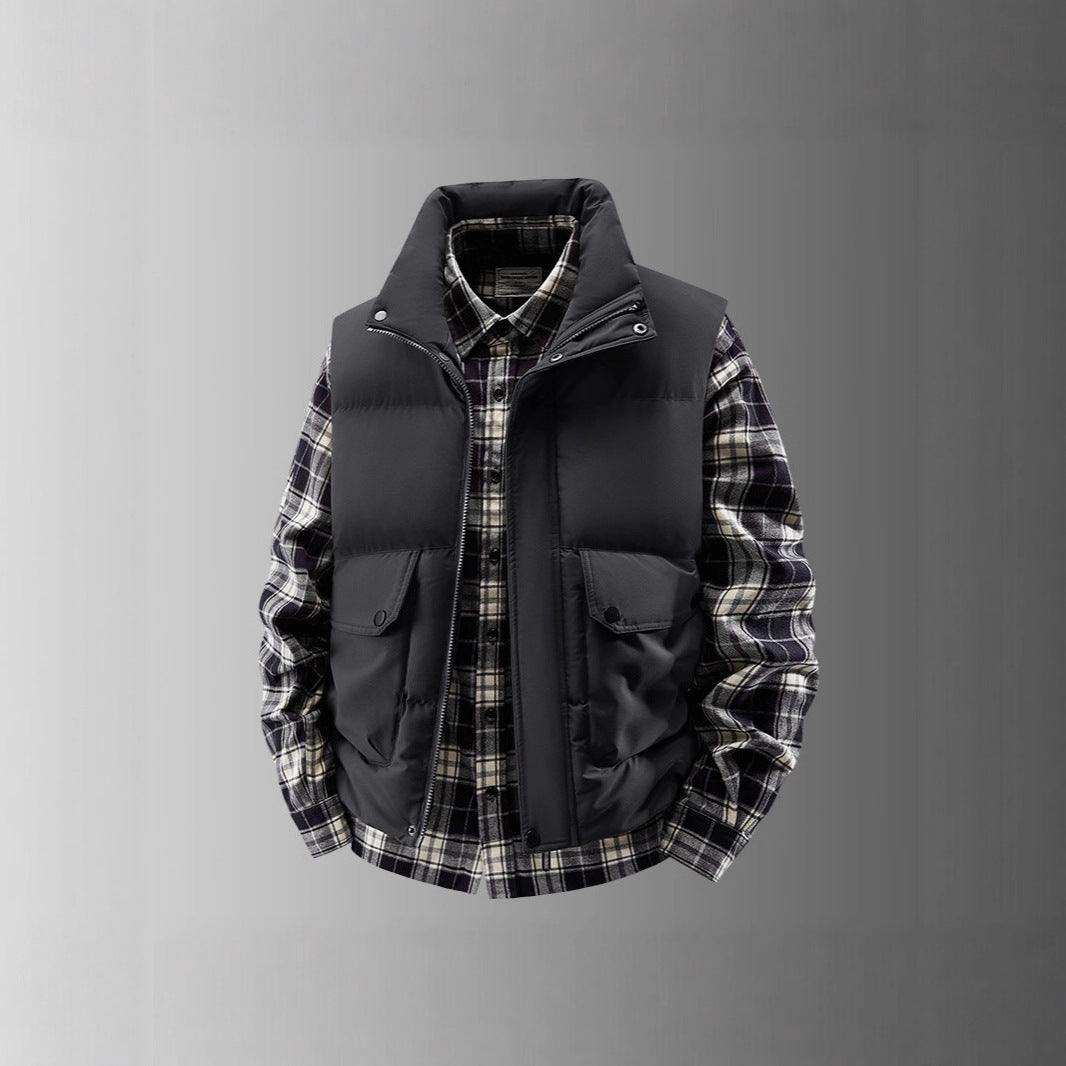Men's Padded Quilted Vest with Utility Pockets and High Standing Collar Chichicherry