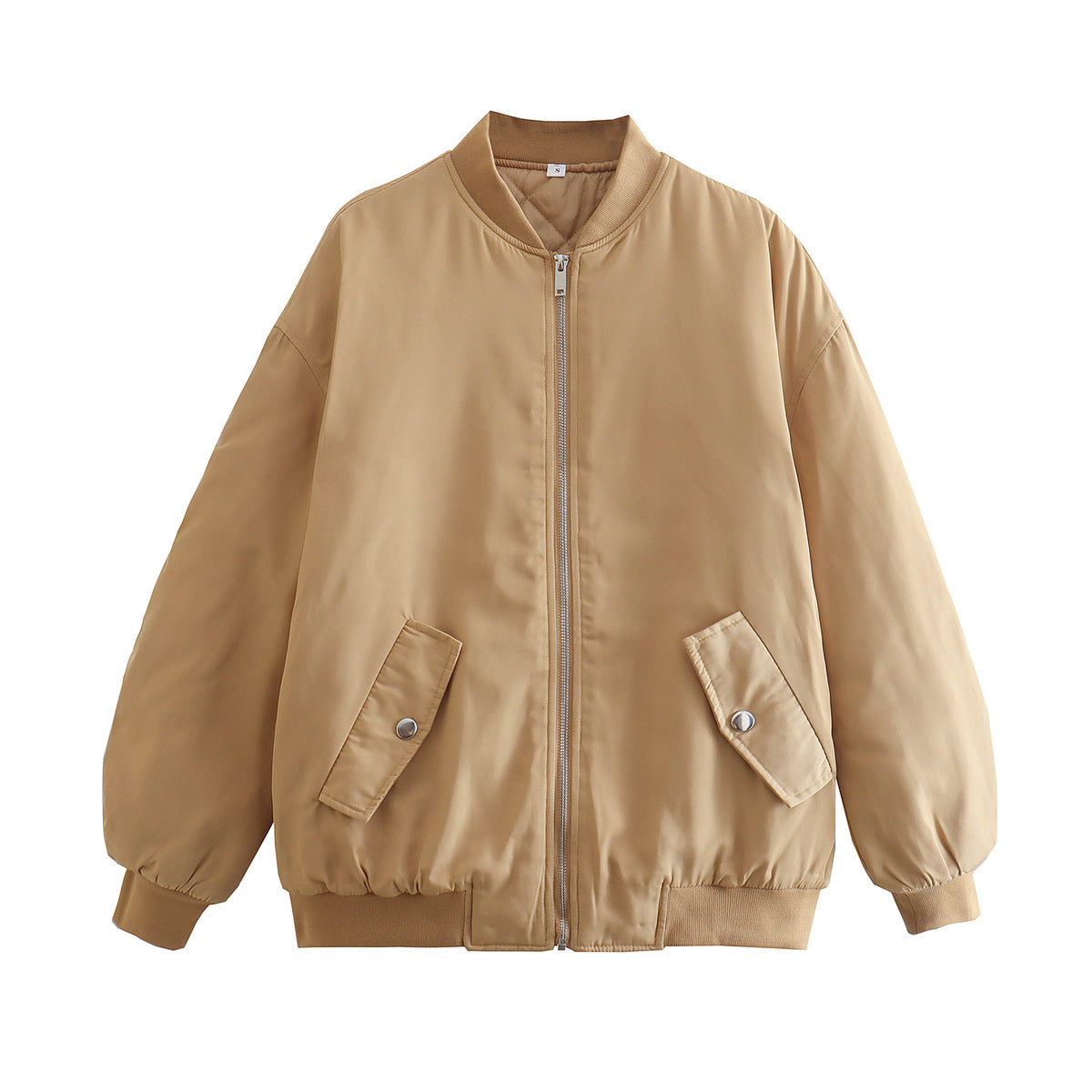 Women Boxy Bomber Jacket in Oversized Look with Zipper and Slanted Flap Pockets Chichicherry
