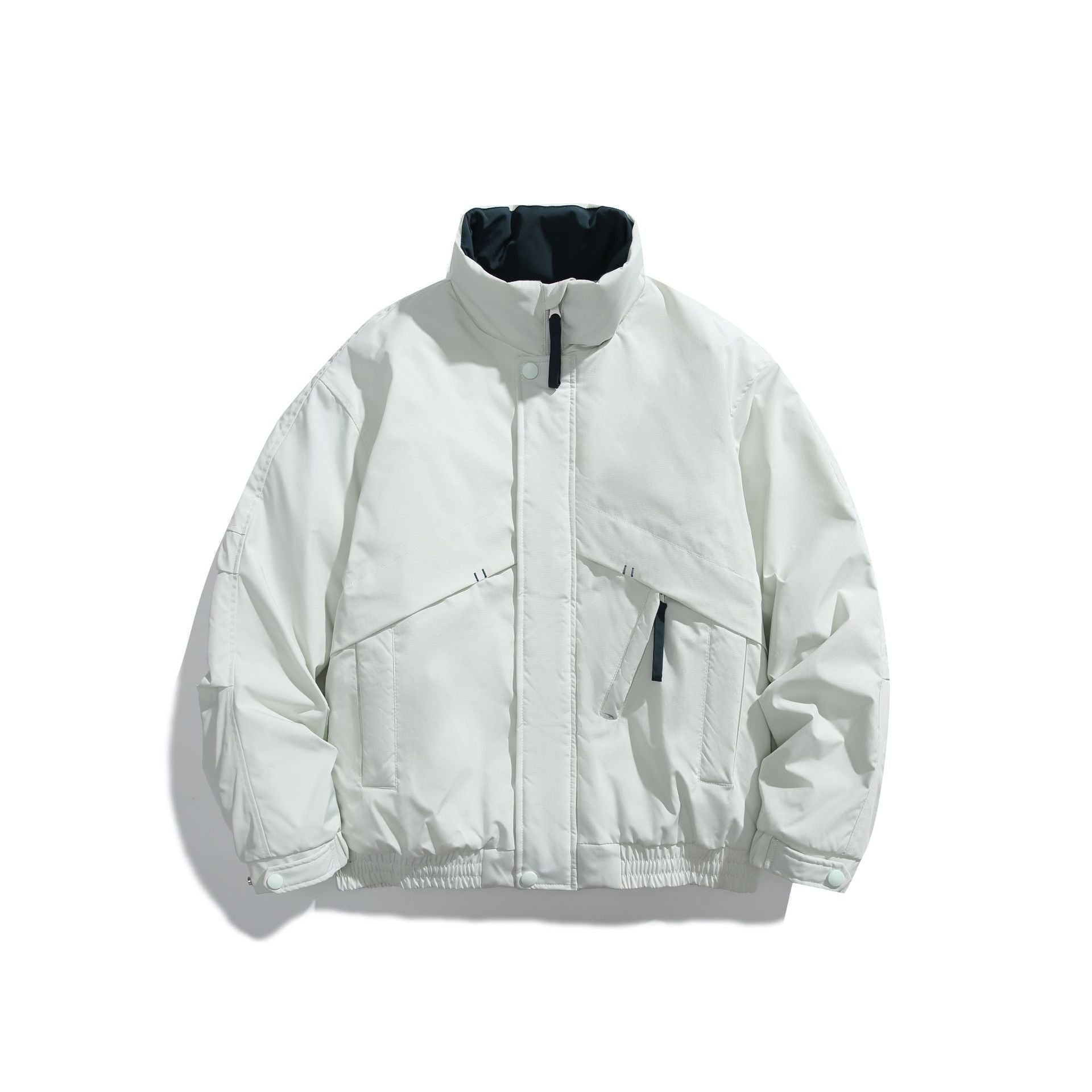 Unisex Short Cut Padded Boxy Bomber Jacket with High Stand-up Collar and Diagonal Flap Pockets Chichicherry