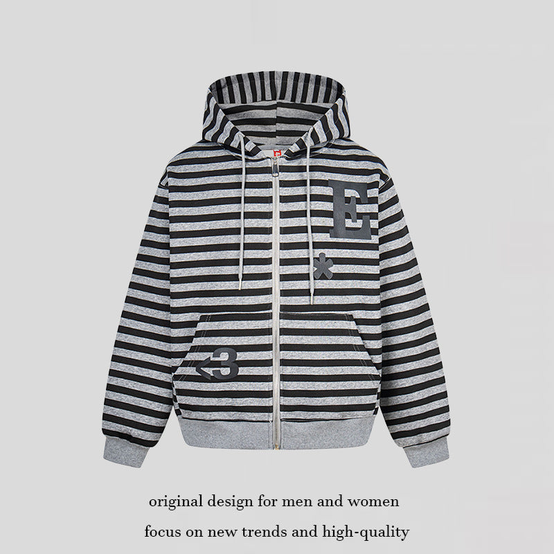 Women's oversized striped hooded sweatshirt jacket with full-length zipper and typographic front print Chichicherry