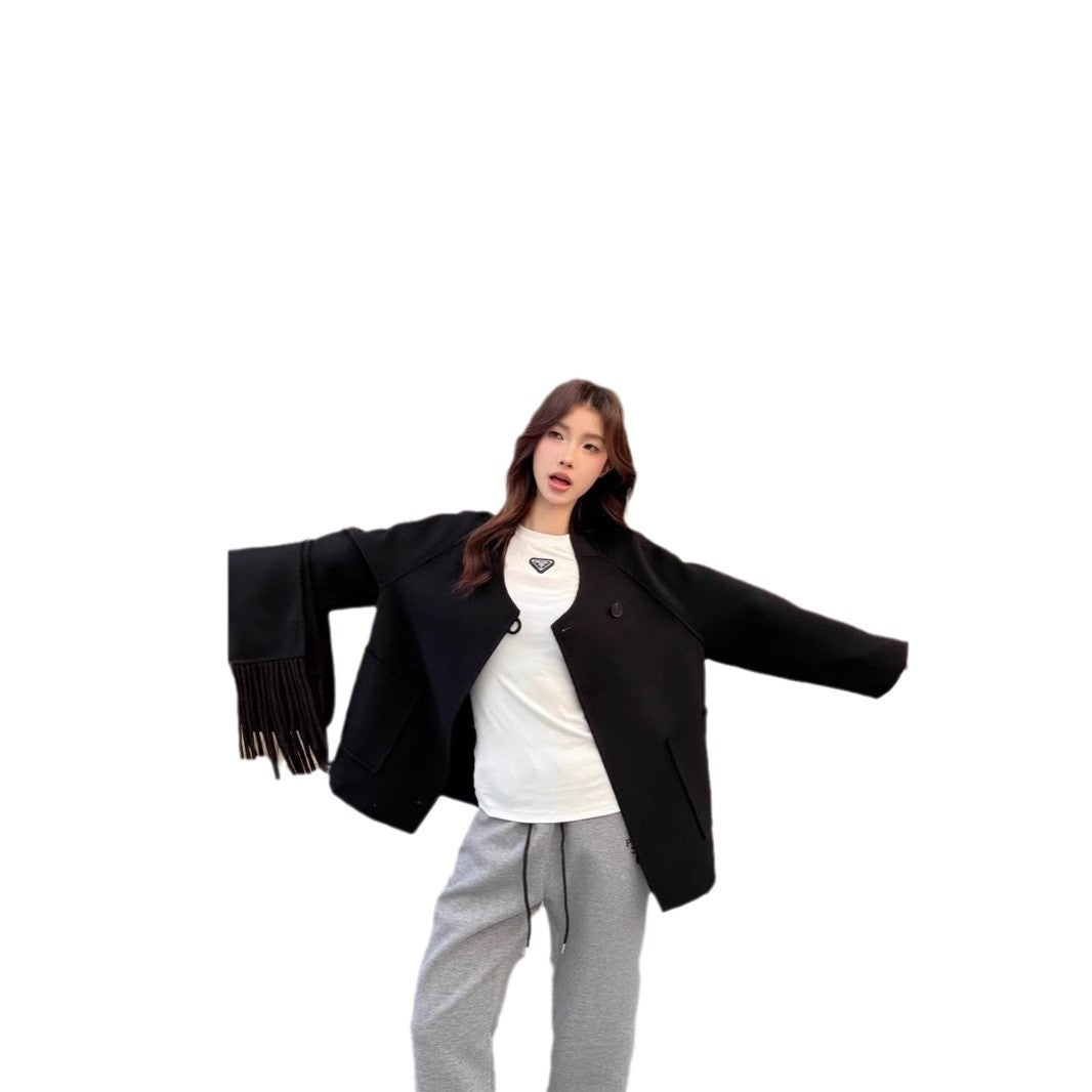 Women Oversize Wool Coat with Voluminous Shawl Collar and Fringes Chichicherry