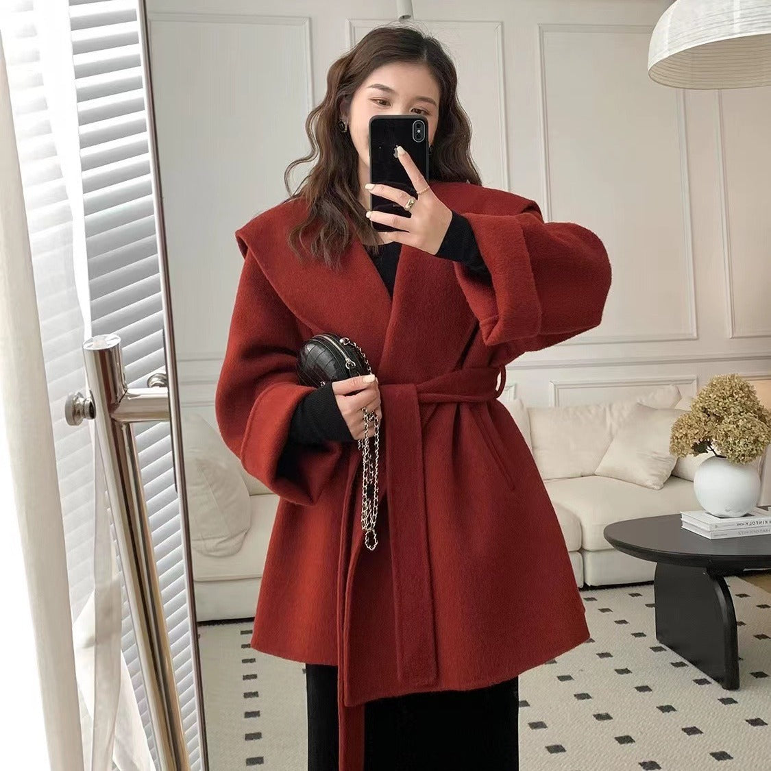 Women's Oversized Wool Coat with Hood and Waist Belt Chichicherry