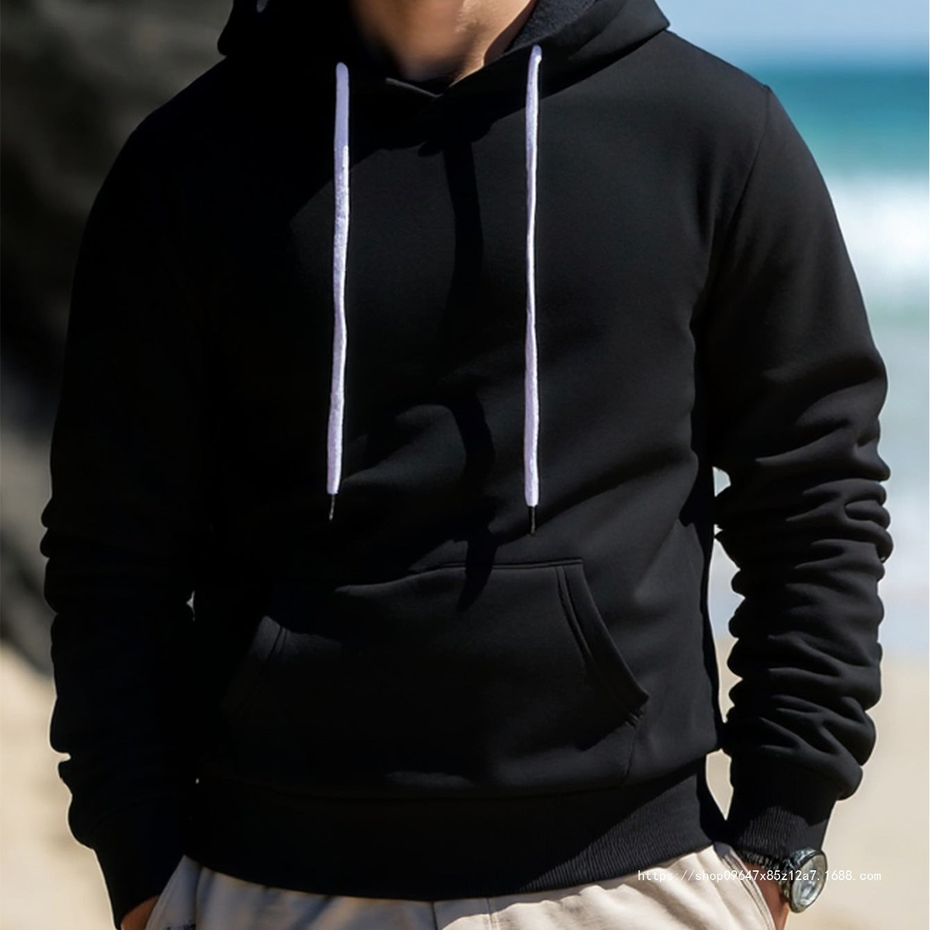 Men's hoodie made of French terry with kangaroo pocket & ribbed hem Chichicherry