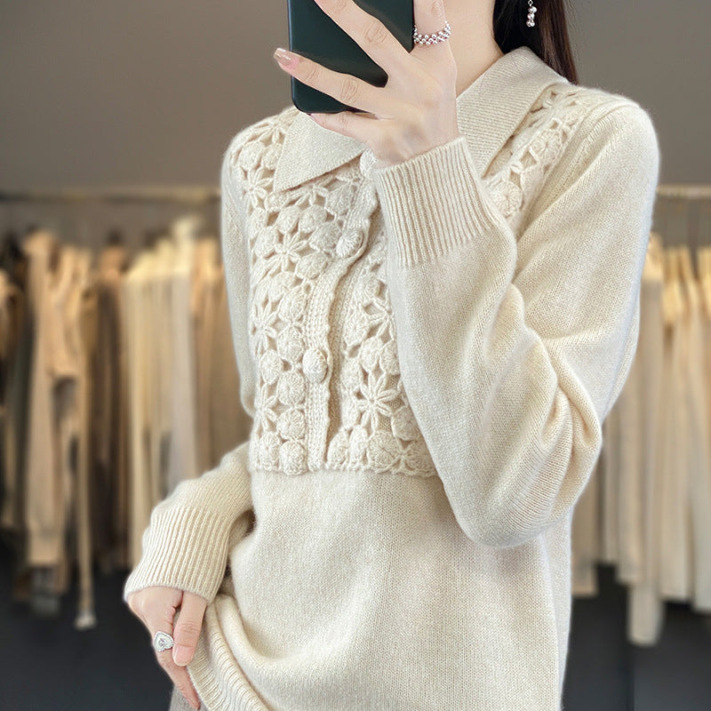 Ladies knitted pullover with crocheted lace edge and polo collar Chichicherry