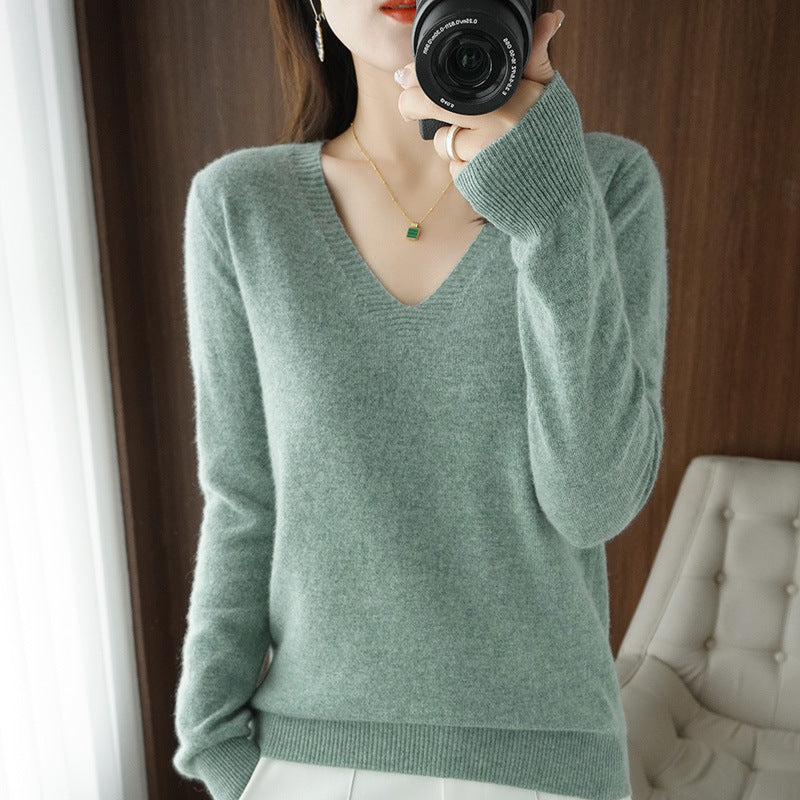 Women Soft V-Neck Cashmere Blend Sweater with Fine Ribbed Cuffs Chichicherry