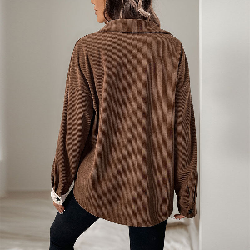 Women's Two-Tone Cord Shirt with Drop Shoulder and Patch Chest Pocket Chichicherry