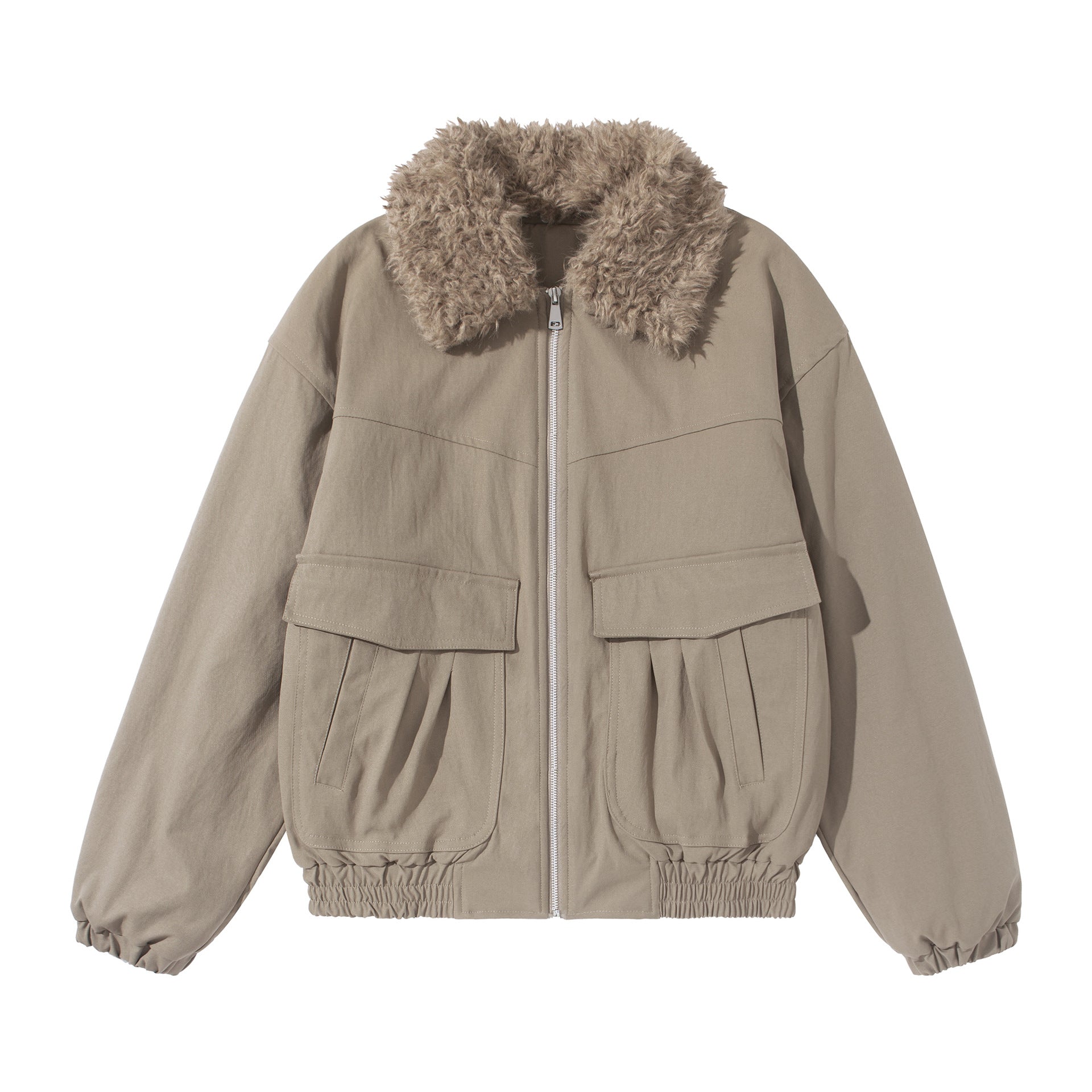 Women's short jacket with voluminous faux fur collar, kangaroo pockets, and elastic hem Chichicherry