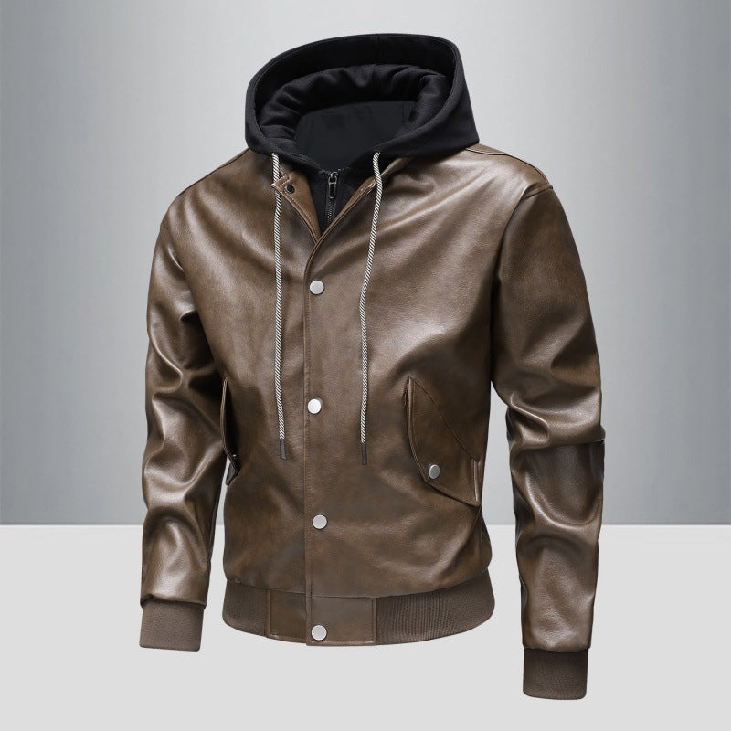 Men's leather bomber jacket with integrated hood insert and ribbed cuffs Chichicherry