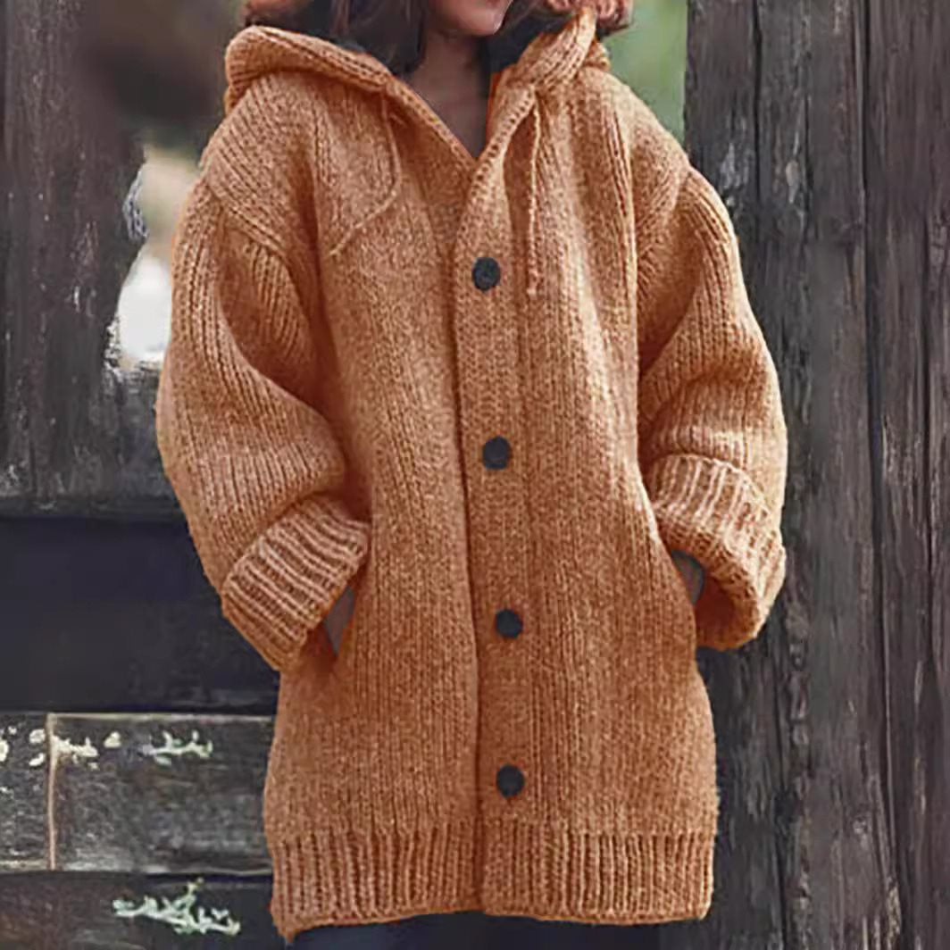 Women's loose-fitting hoodie knit coat with button placket and side pockets Chichicherry