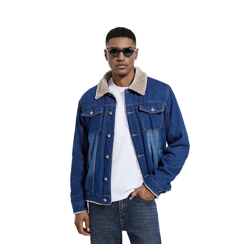 Men's Robust Denim Trucker Jacket with Sherpa Lining and Teddy Collar Chichicherry