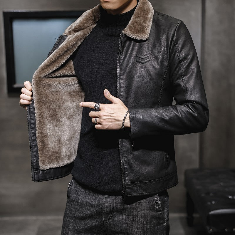 Men's Casual Leather Look Jacket with Teddy Collar, Zipper Pockets and Slim Silhouette Chichicherry