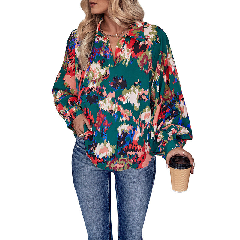 Women’s Loose Blouse Shirt with Shirt Collar, Abstract Print and Balloon Sleeves Chichicherry